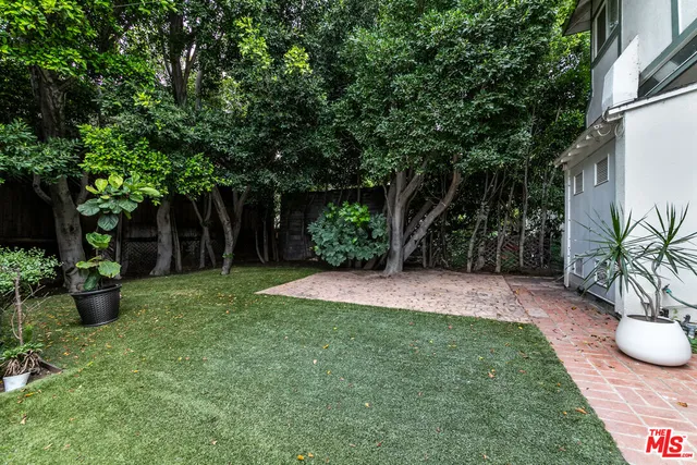 a view of a backyard with potted plants and large trees