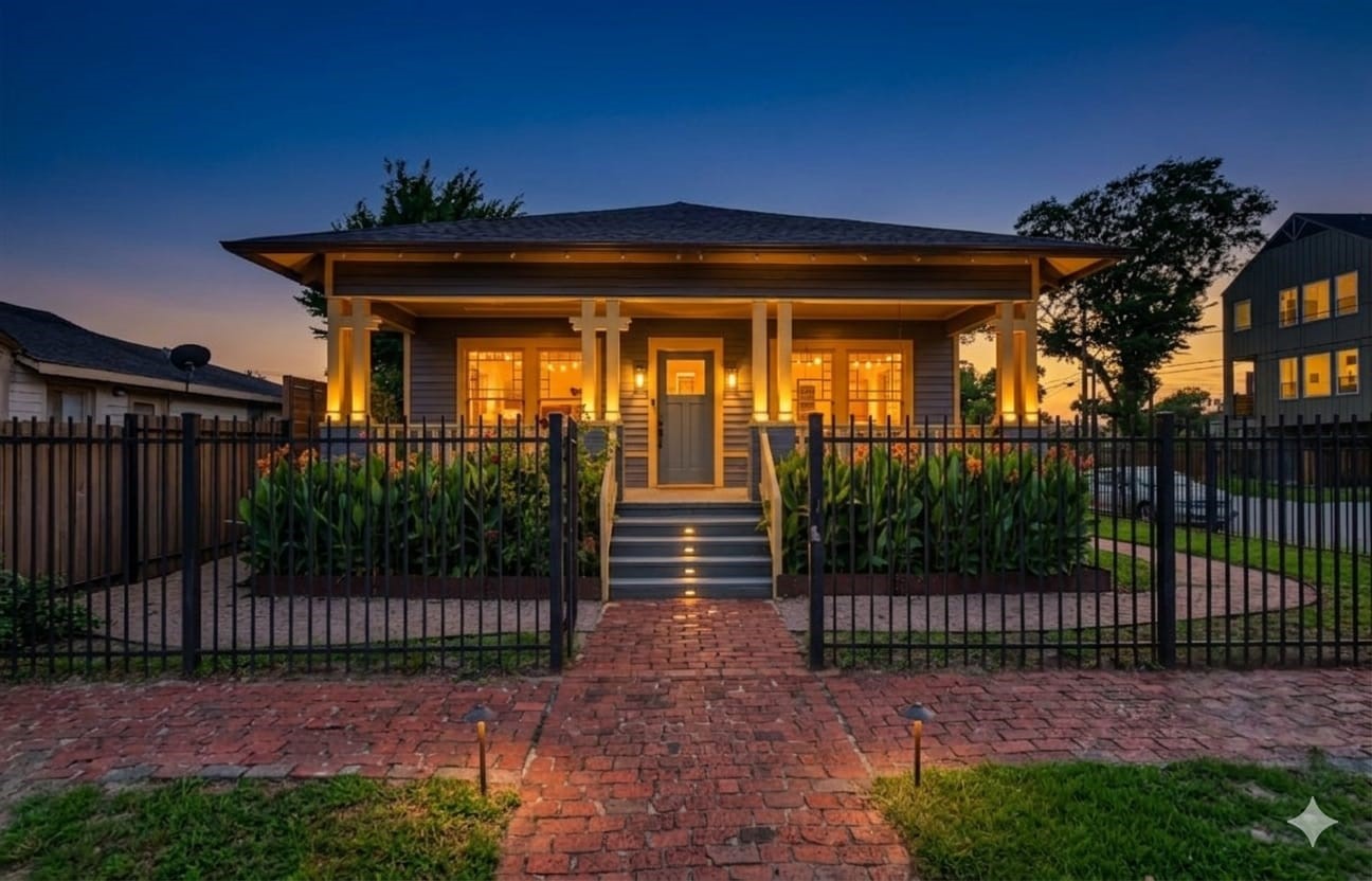 1414 Finch Street Houston, TX 77009 - Photo 1 of 24 The moment you arrive, this charming bungalow captures your heart. The warm evening lighting highlights the timeless character of the home, creating a welcoming atmosphere that feels straight out of a storybook. Sitting proudly on a corner lot, the curb appeal and outdoor space make this home truly unforgettable.