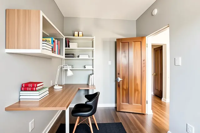 a workspace with furniture and wooden floor