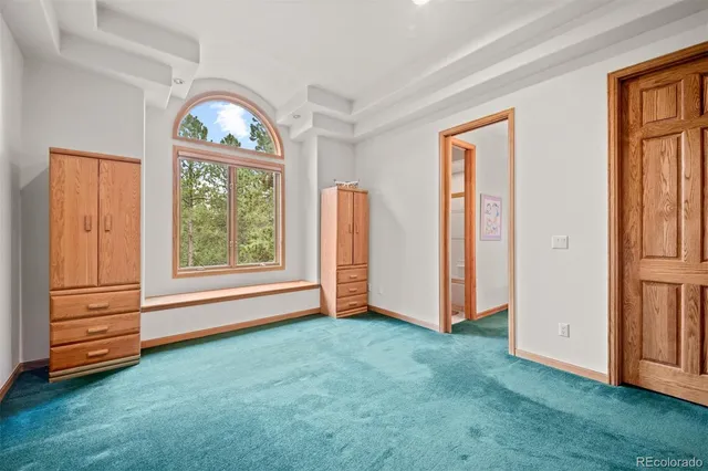 an empty room with windows and closet