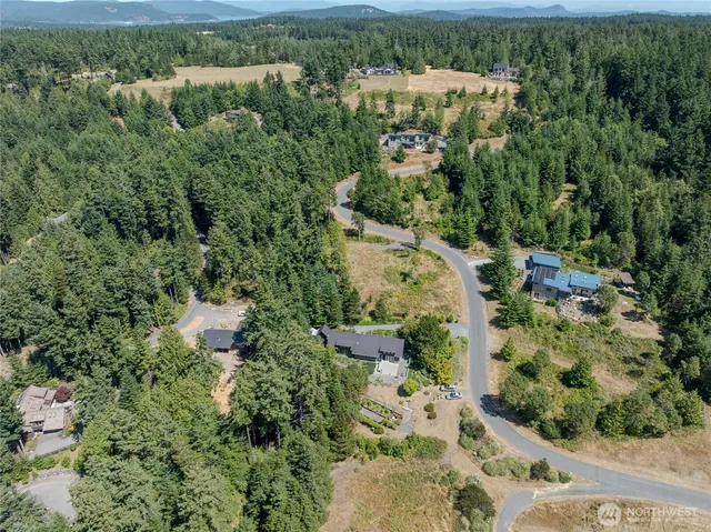 an aerial view of residential house with outdoor space and trees all around