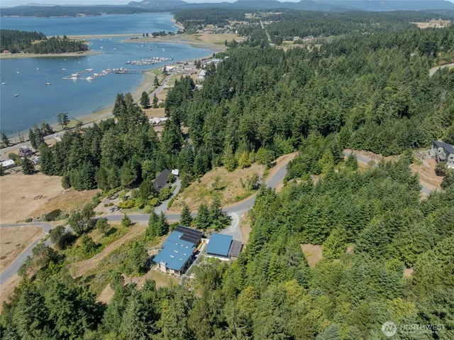 an aerial view of residential house with beach and lake view