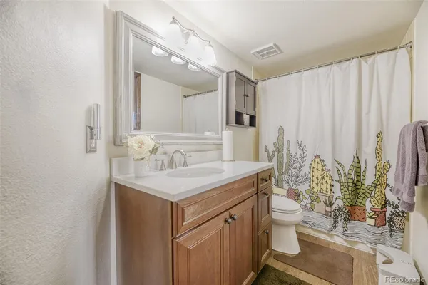 a bathroom with a sink a toilet and mirror