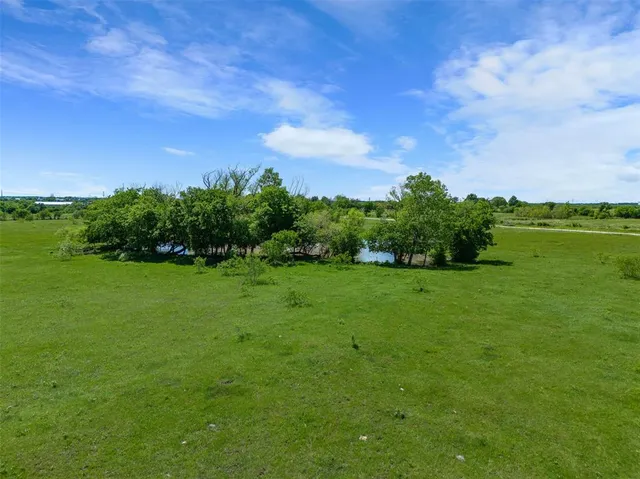 a view of a grassy field with trees around