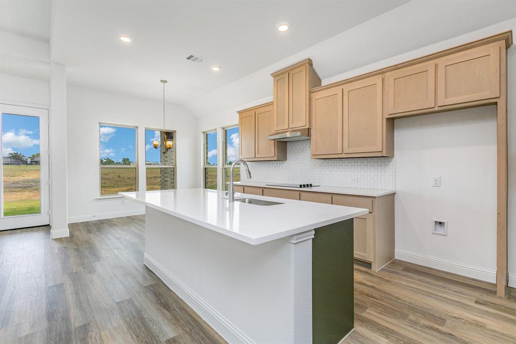 6044 Mango Drive Sanger, TX 76266 - Photo 23 of 27 a kitchen with stainless steel appliances granite countertop a sink a stove and a wooden floors