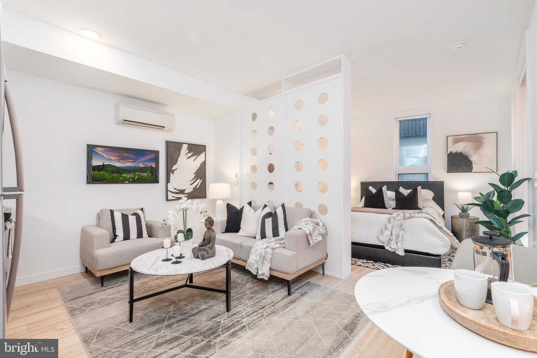 a living room with furniture and a potted plant