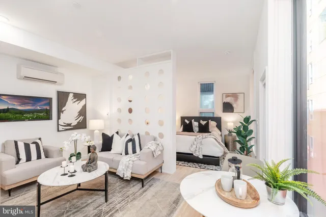 a living room with furniture and a potted plant