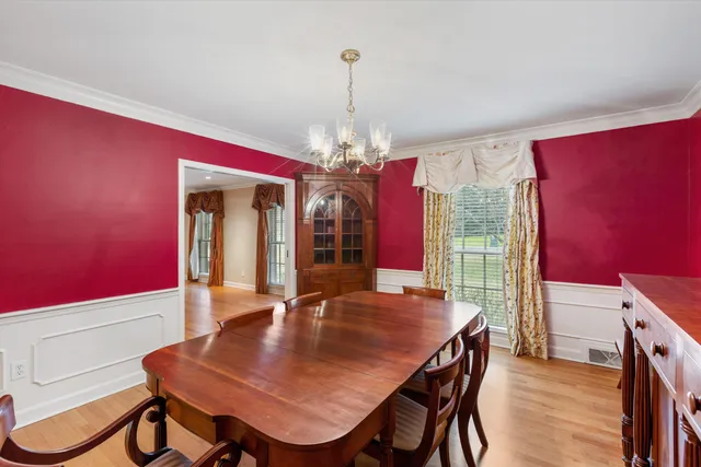a view of a dining room with furniture and window