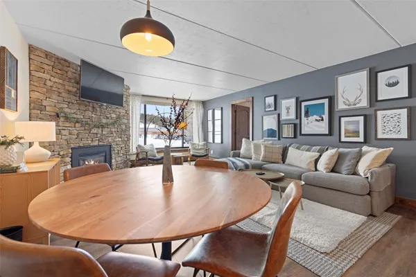 a view of a dining room with furniture
