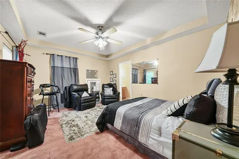 a backyard of a house with plants and large tree