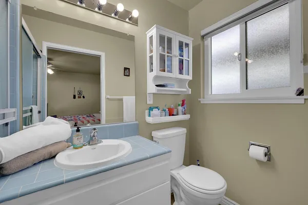 a bathroom with a toilet a sink and a mirror