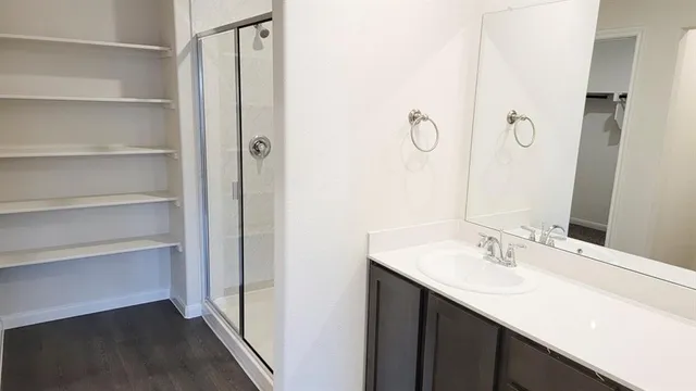 a bathroom with a sink vanity and a mirror