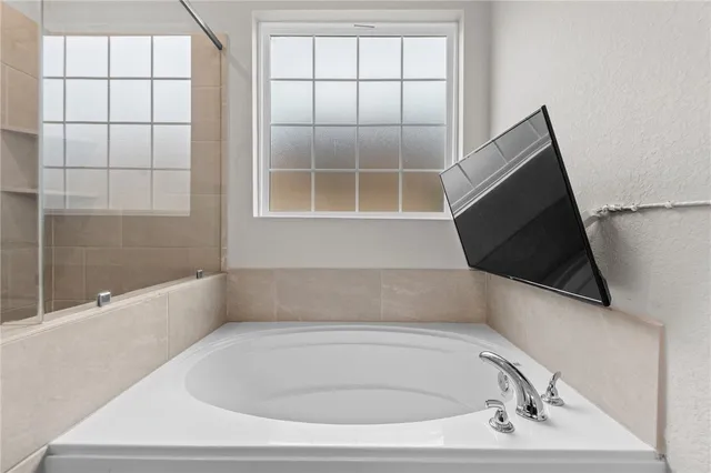 a bathroom with a bathtub