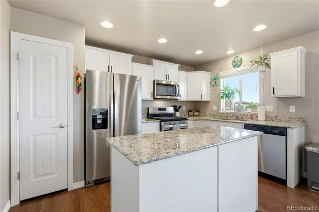 a kitchen with kitchen island granite countertop stainless steel appliances a refrigerator a stove top oven a sink and cabinets