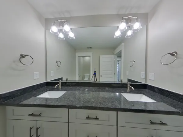 a bathroom with a sink a light fixture and a mirror