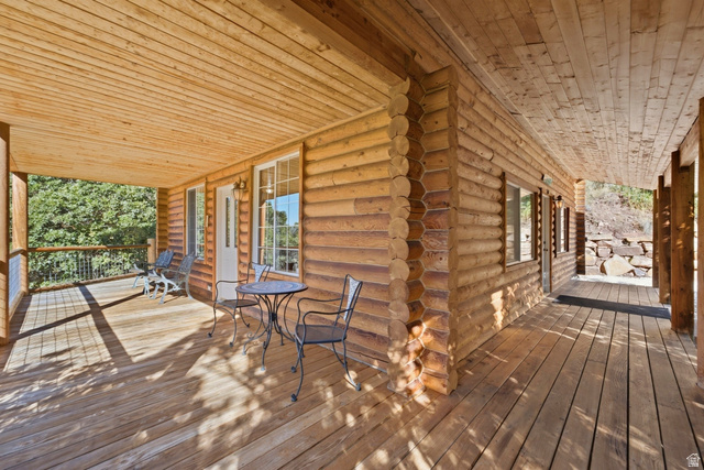2640 East Weber Canyon Road Oakley, UT 84055 - Photo 39 of 56 Expansive wood deck with a full-length covered porch and log cabin-style exterior