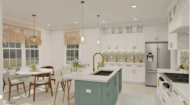 a kitchen with stainless steel appliances granite countertop a table chairs stove a refrigerator a sink dishwasher with a dining table and chairs