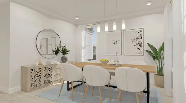 a view of a dining room with furniture and a potted plant