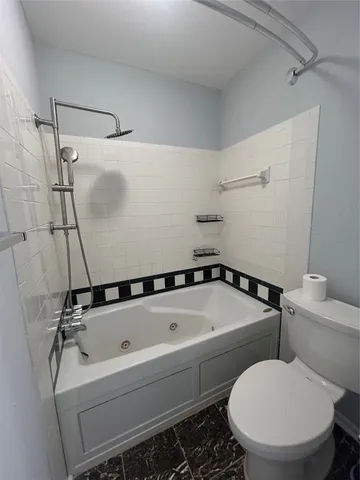 a bathroom with a toilet and a bathtub