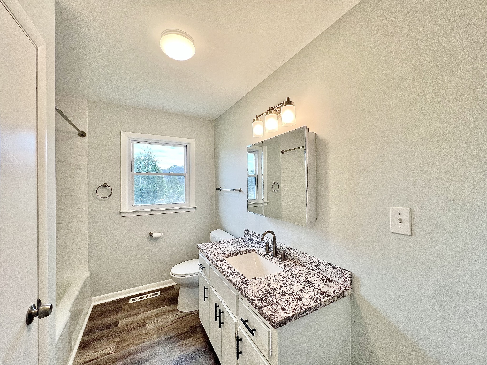 1595 Hurricane Creek Road Lawrenceburg, TN 38464 - Photo 30 of 74 a bathroom with a granite countertop sink a toilet and a mirror