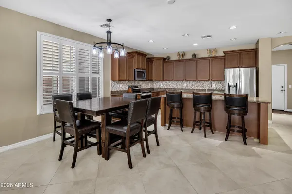 a view of a dining room with furniture