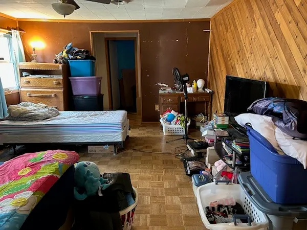 a room with furniture and a mirror