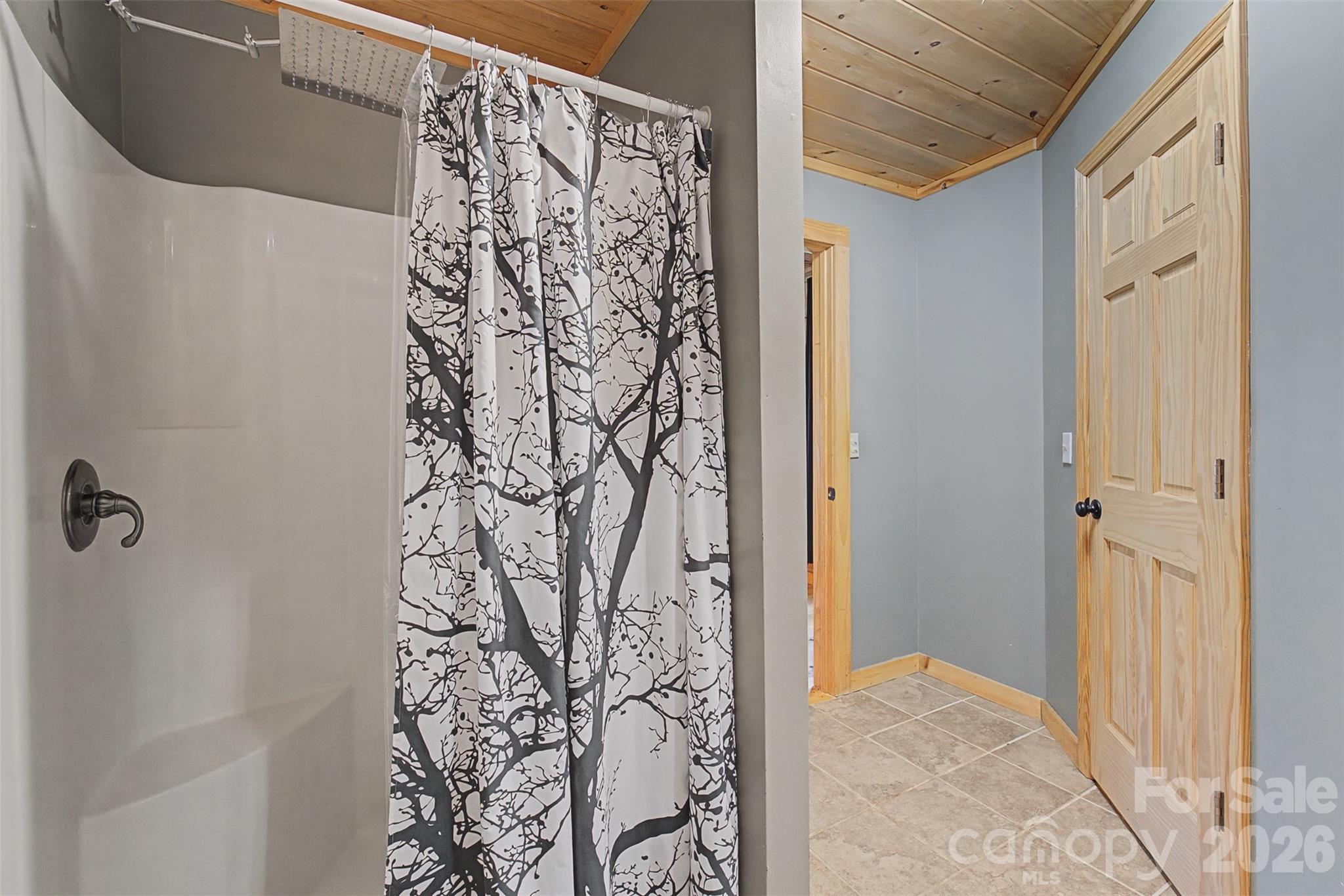 170 Wilkes Road Bryson City, NC 28713 - Photo 18 of 47 a bathroom with a shower curtain and a shower curtain