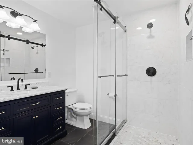 a bathroom with a double vanity sink toilet mirror and shower