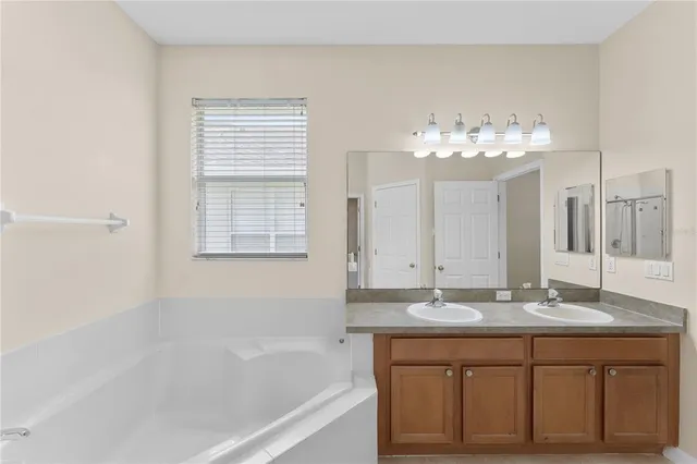 a bathroom with a sink double vanity and a mirror