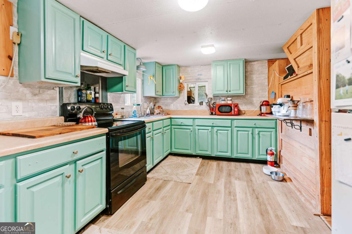 5971 Penfield Road Union Point, GA 30669 - Photo 33 of 42 a kitchen with green cabinets a sink dishwasher and a fireplace with wooden floor