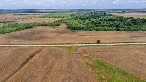 a view of a field with an ocean view