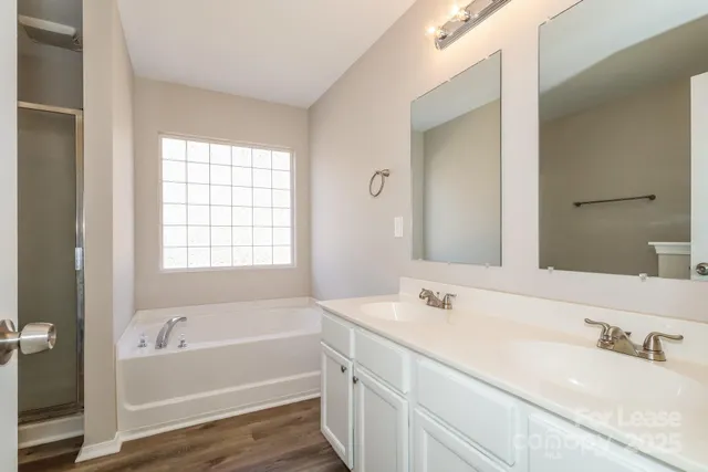 a bathroom with a tub a sink and a large mirror