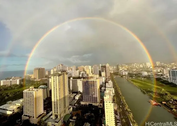 a view of a city and ocean view