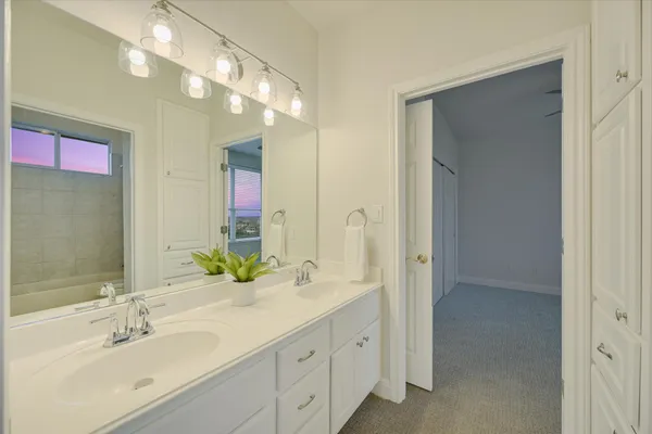 a bathroom with double vanity sink and a mirror