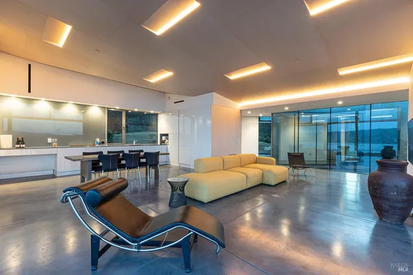 a outdoor living space with furniture and city view