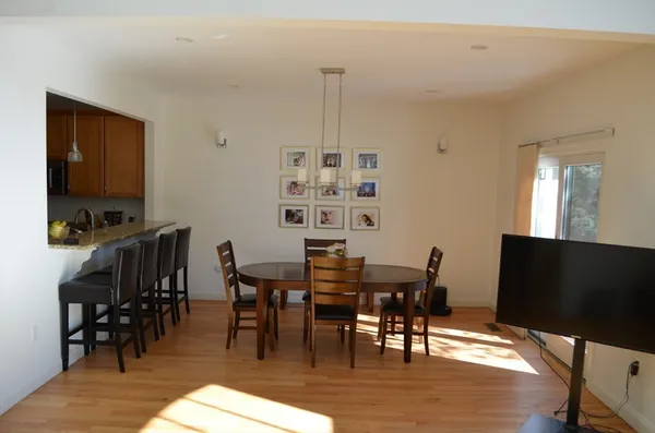 a view of a dining room with furniture