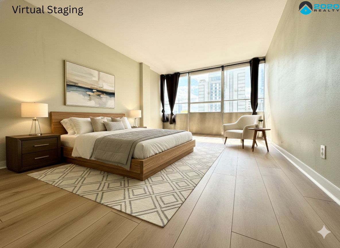 a bedroom with a bed and a large window