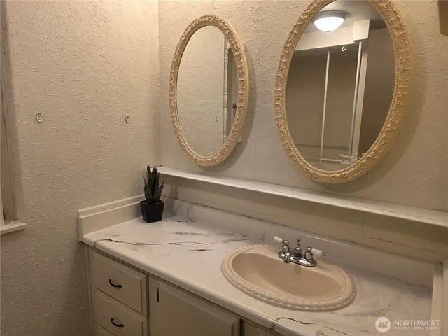 a bathroom with a sink and a mirror