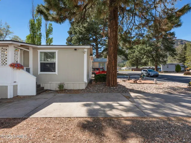 a view of a white house with a large tree