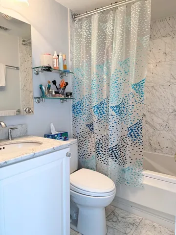 a bathroom with a sink a toilet and a shower curtain