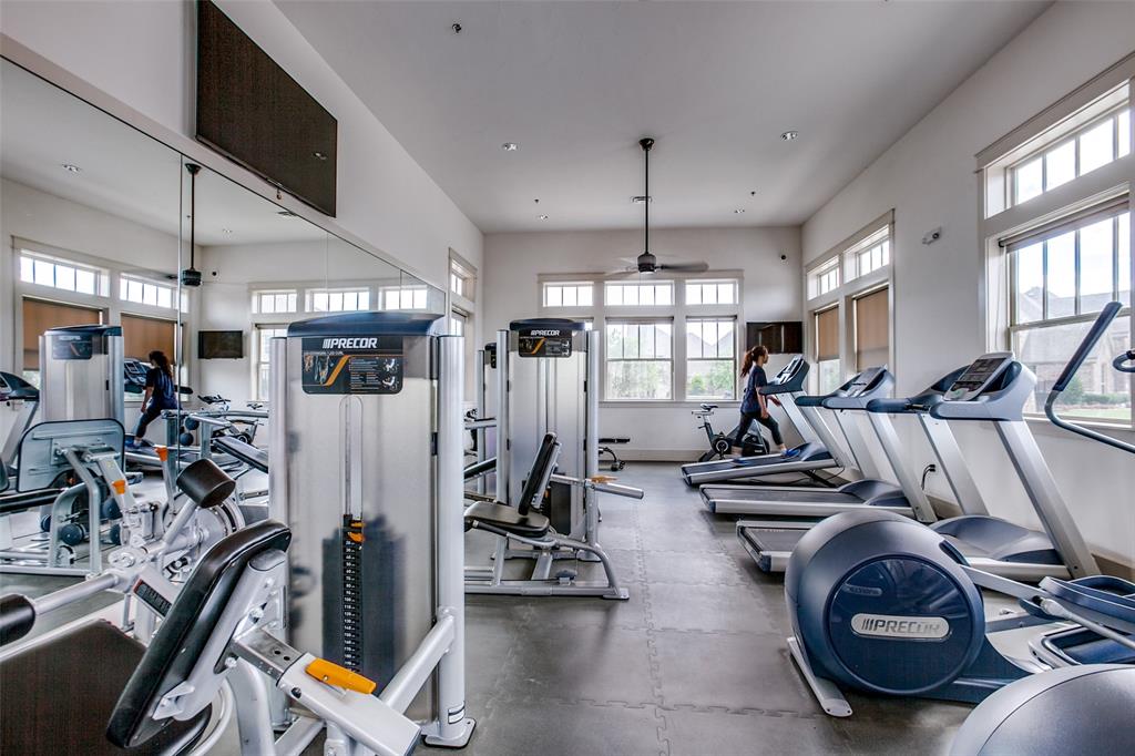 1006 Emil Place Allen, TX 75013 - Photo 23 of 28 Fitness center featuring a mirrored wall, ample natural light from multiple windows, ceiling fan, and various exercise machines