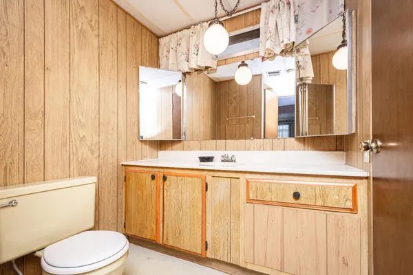 a bathroom with a sink a toilet and mirror