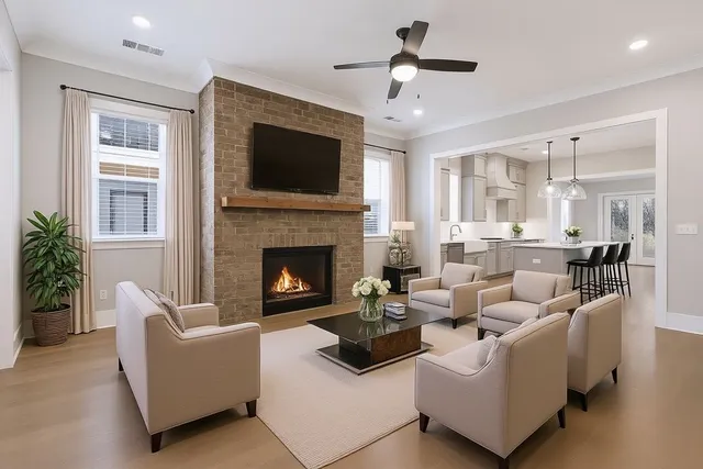 a living room with furniture fireplace and a flat screen tv