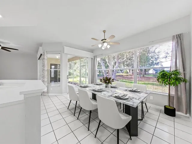 a view of a dining room with furniture window and outside view
