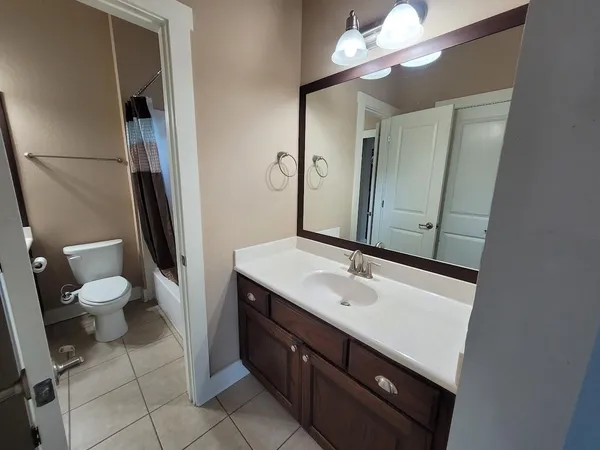 a bathroom with a sink a toilet a mirror and shower