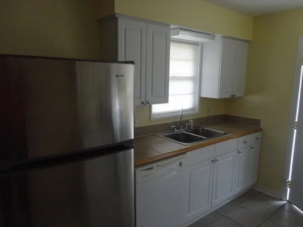a kitchen with a sink and a refrigerator