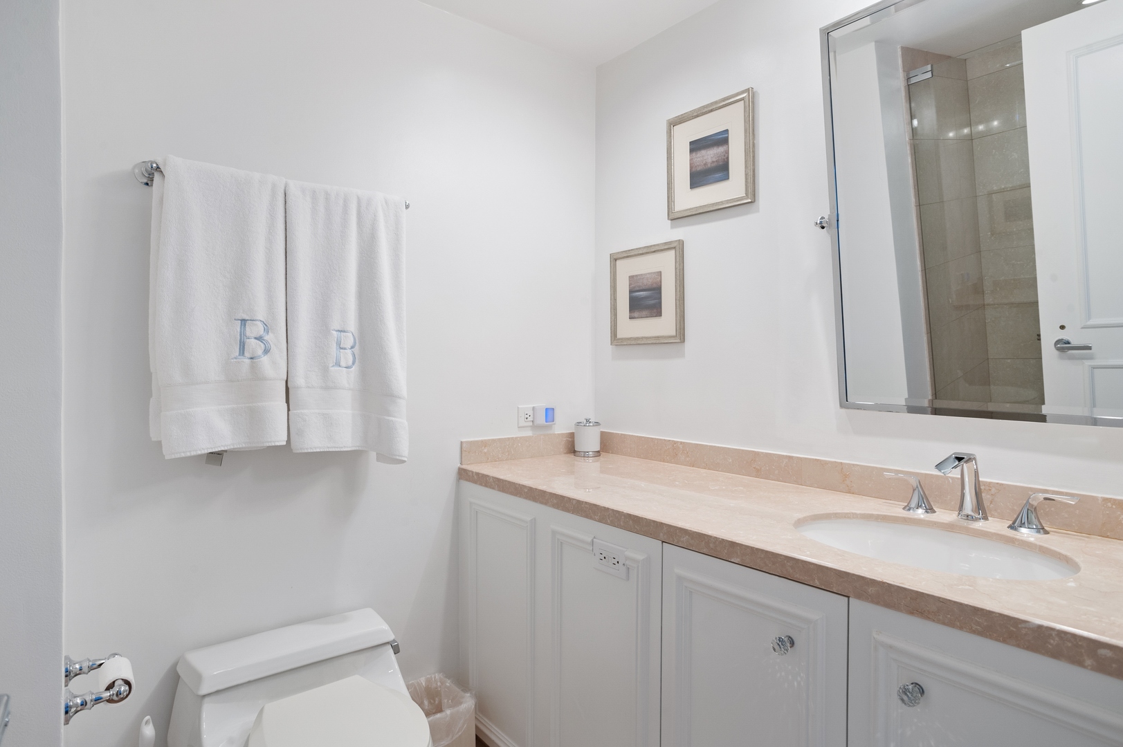 132 East Delaware Place, Unit 4801 Chicago, IL 60611 - Photo 12 of 20 a bathroom with a granite countertop sink a toilet and a mirror