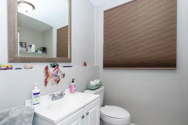 a bathroom with a sink a toilet and a shower curtain
