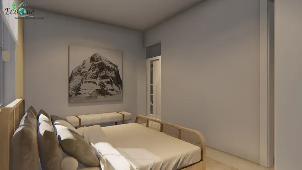 a bedroom with furniture and wall paintings