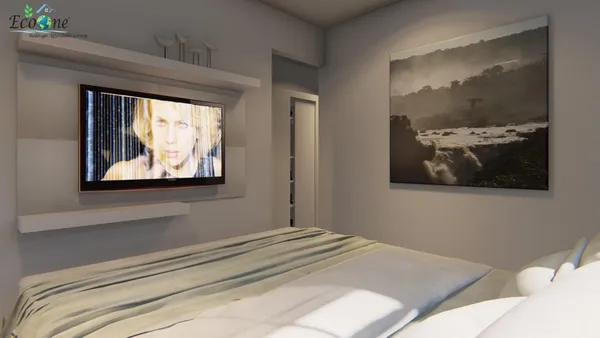 a bedroom with a bed and a painting on the wall